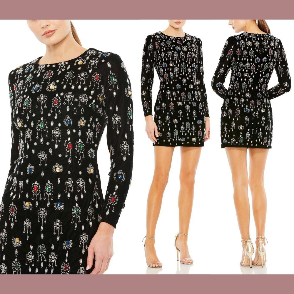 NWT $598 Mac Duggal [ 2 ] Gem Embellished Velvet‎ Long Sleeve Mini Dress G1650